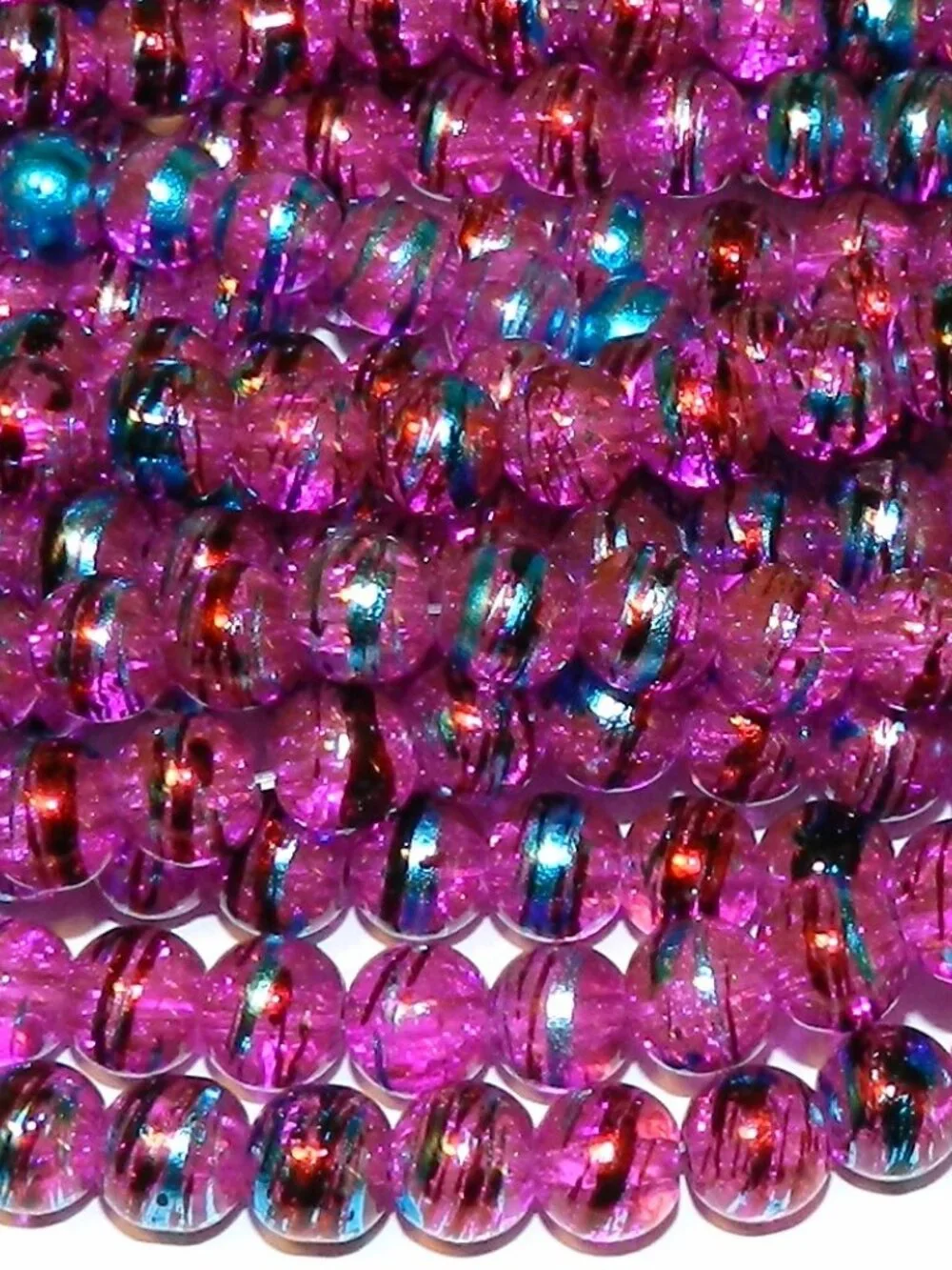Fuchsia Pink 8mm Round Metallic Drawbench Swirl Crackle Glass Beads 32" G1731 - Picture 5 of 5